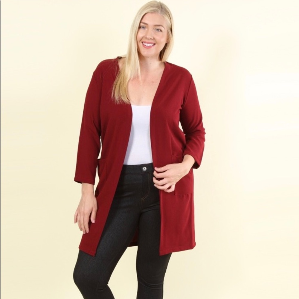 Burgundy Loni Longline Crepe Cardigan Sweater PLUS